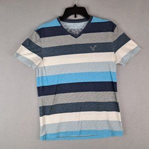 American Eagle Shirt Mens Small Blue Striped V Neck Short Sleeve Athletic Fit
